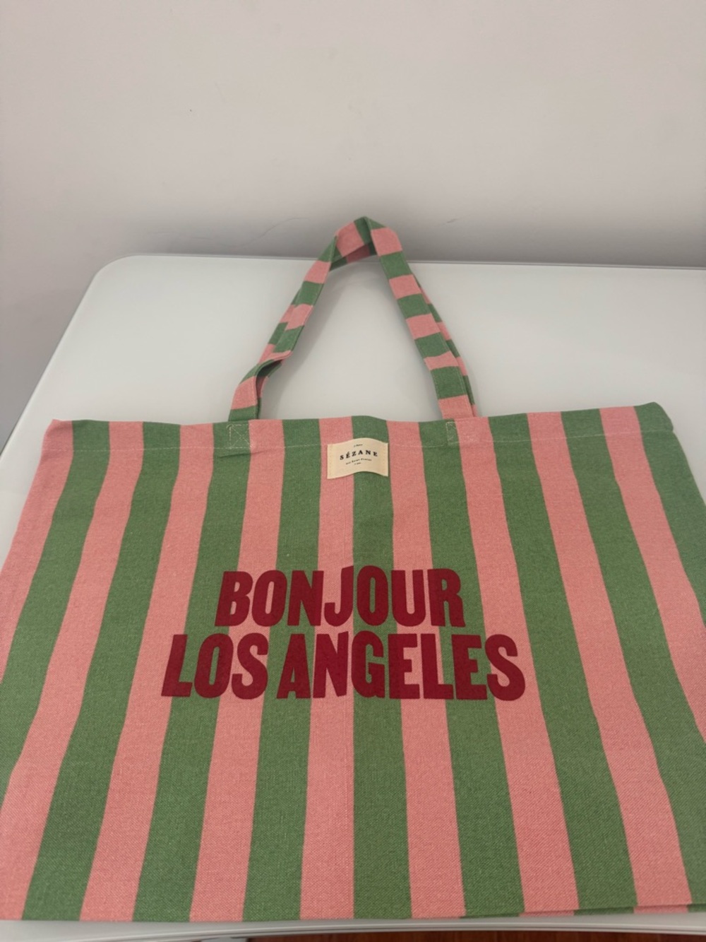 Sezane Pink and Green Striped "Bonjour Los Angeles" Canvas Tote Bag